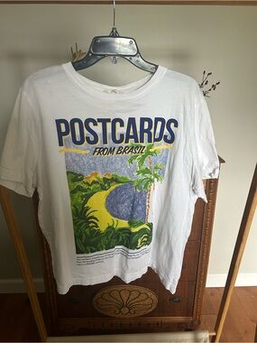 H&M White Graphic Tee with Blue, Yellow & Green Print